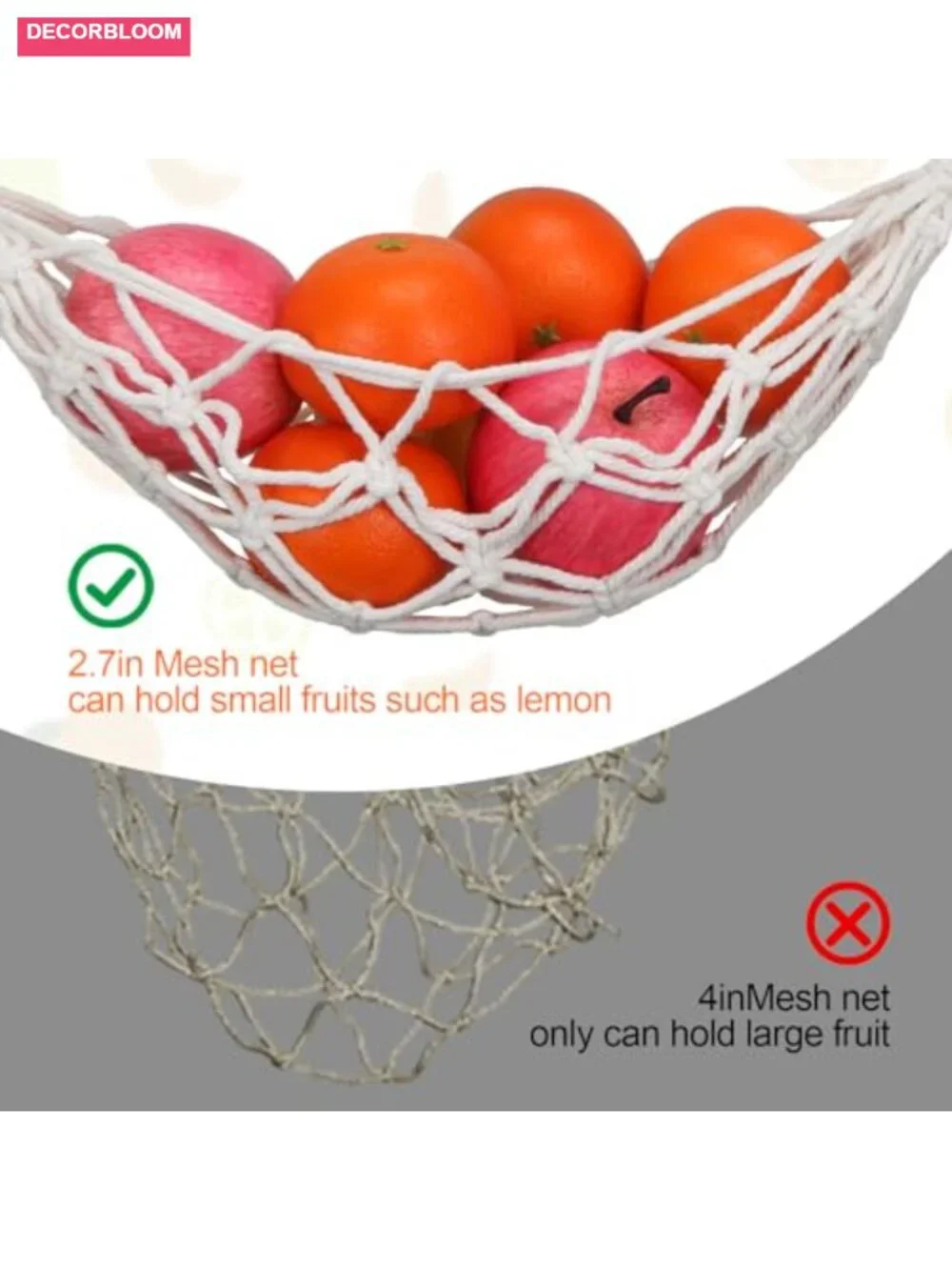Hanging Fruit Hammock with Hooks, Hand-Woven Cotton Mesh Basket for Kitchen